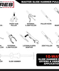 Diagram of Master Slide Hammer Puller Set – 10-Way Slide Hammer Puller Set Includes 3-Piece Rear Axle Bearing Puller Kit