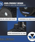 Mastercool Black Series 90066 BL SF vacuum pump features: oil level sight glass, oil drain valve, vapor discharge port.