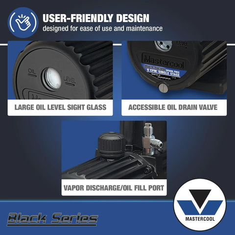 Mastercool Black Series 90066 BL SF vacuum pump features: oil level sight glass, oil drain valve, vapor discharge port.