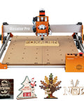 Masuter Pro 3 Axis CNC Router Machine with all-metal frame for wood and acrylic engraving, shown with carved Christmas decorations.