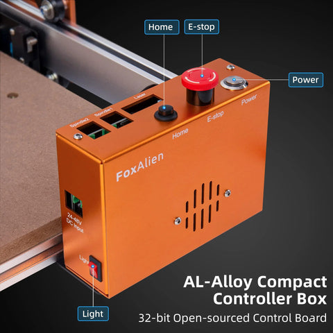 AL-Alloy compact controller box for Masuter Pro 3 Axis CNC Router Machine for wood engraving and milling, featuring e-stop and power.