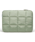 Front view of Matcha Green Puffy Nylon Laptop Sleeve With Zipper Medium 13 Inch Case Fits Up To 14 Inch Laptops with quilted design