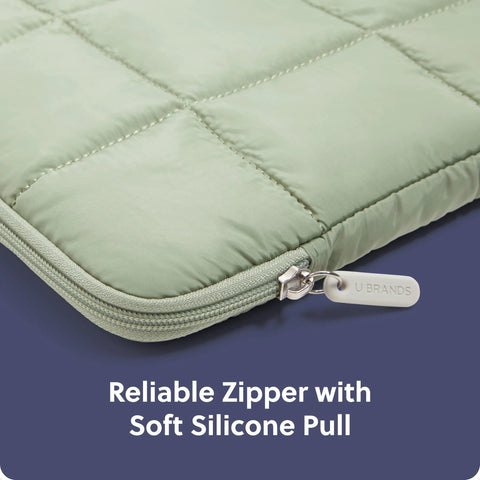 Close-up of Matcha Green Puffy Nylon Laptop Sleeve With Zipper Medium 13 Inch Case detail showing reliable zipper and soft pull.