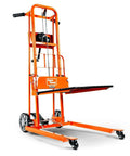 Material Lift Stacker 330 Lb Capacity With 40 Inch Lift Height, featuring 8 Inch Wheels and Swivel Casters, orange frame