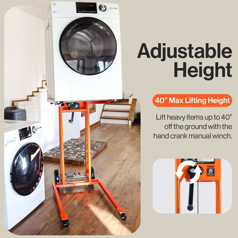 Material Lift Stacker 330 Lb Capacity With 40 Inch Lift Height holding a washing machine, adjustable hand crank winch