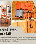 Material Lift Stacker 330 Lb Capacity With 40 Inch Lift Height 8 Inch Wheels shown in use lifting orange and gray boxes