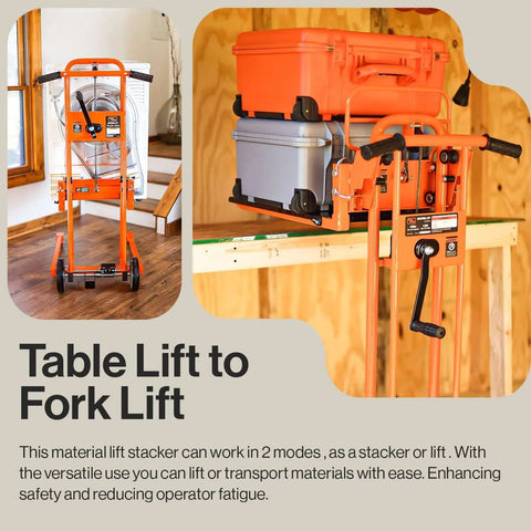 Material Lift Stacker 330 Lb Capacity With 40 Inch Lift Height 8 Inch Wheels shown in use lifting orange and gray boxes