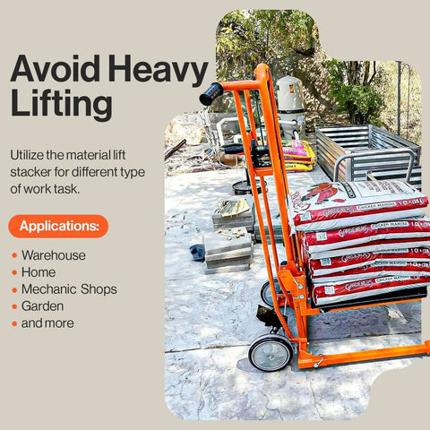 Material Lift Stacker 330 Lb Capacity With 40 Inch Lift Height, 8 Inch Wheels, loaded with bags outdoors, ideal for various work applications