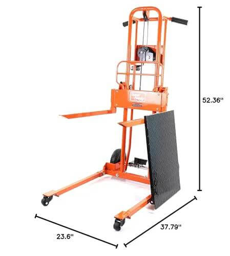 Material Lift Stacker 330 Lb Capacity With 40 Inch Lift Height 8 Inch Wheels Pallet Truck Dolly Swivel Casters Patented side view