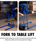 Material Lift Winch Stacker Pallet Truck Dolly with 330 lbs capacity lifting tires and boxes in a warehouse