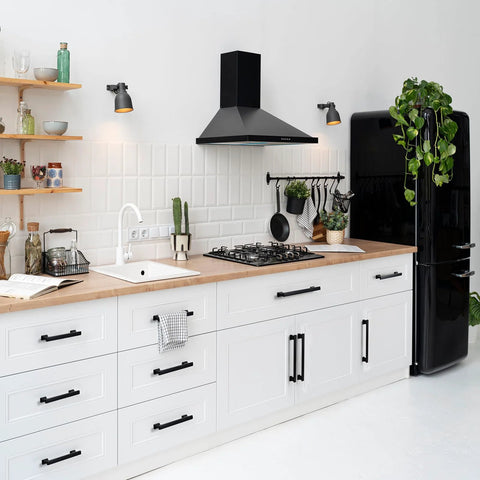 Matte Black Cabinet Handles 5 Inch 128mm Hole Centers Solid Zinc Alloy Drawer Pulls installed in white kitchen cabinets.