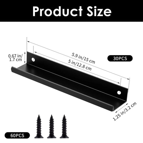 Dimensions of 30 Pack Matte Black Aluminum Cabinet Handles with screws, 5.9 inch flat back, hidden back mount, 5 inch center to center.