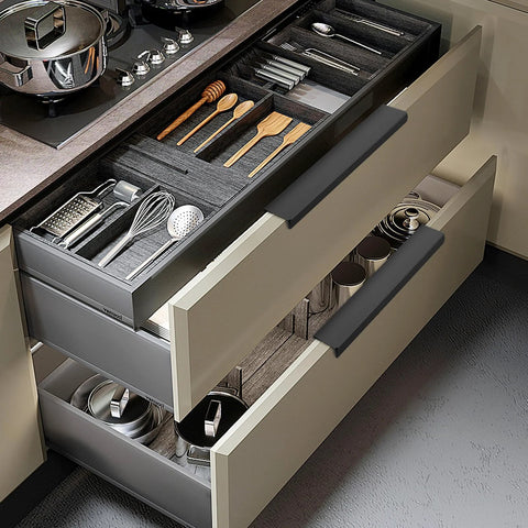 Open kitchen drawers with 30 Pack Matte Black Aluminum Cabinet Handles 5.9 Inch Flat Back Hidden Back Mount Finger Pulls