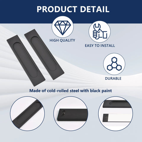 Self Stick Rectangular Sliding Door Pulls Two Piece Set Matte Black Aluminum Flush Handles No Drill Punch Free For Barn Doors