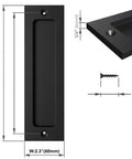 Flush Sliding Barn Door Handle Heavy Duty Finger Pull With Rectangular Plate Matte Black Finish, shows dimensions and screws.