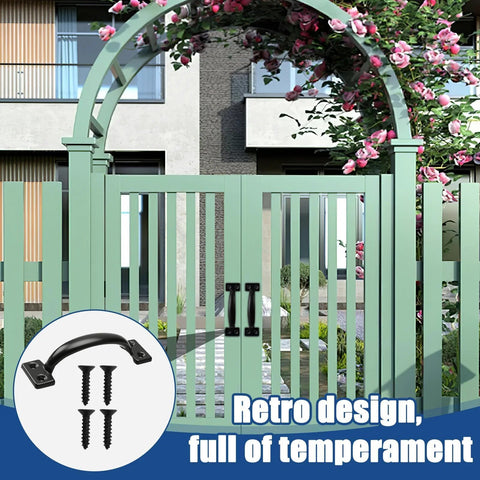 4 Pack 6 Inch Bow Door Handles Matte Black Vintage Rustic Pulls for barn doors and outdoor fences with gate installation view