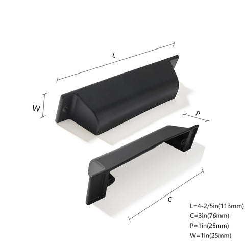 10 Pack 3 Inch Center To Center Matte Black Cabinet Cup Pulls For Drawers And Cabinets with dimensions labeled