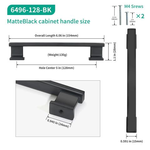 Diagram of Matte Black Cabinet Handles 5 Inch 128mm Hole Centers Solid Zinc Alloy, showing dimensions and side view details.