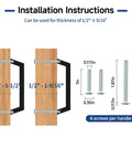 Installation instructions for Ten Pack 5 Inch Matte Black Cabinet Handles with mounting screws and thickness guide