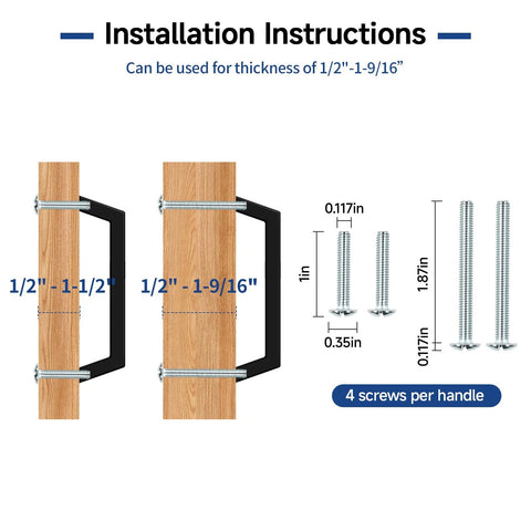 Installation instructions for Ten Pack 5 Inch Matte Black Cabinet Handles with mounting screws and thickness guide
