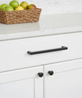 10 Pack Matte Black Cabinet Handles Stainless Steel Drawer Pulls For Kitchen Cabinets Bathroom Cupboards Dresser Wardrobe With 7 Inch Hole Centers installed on white cabinet