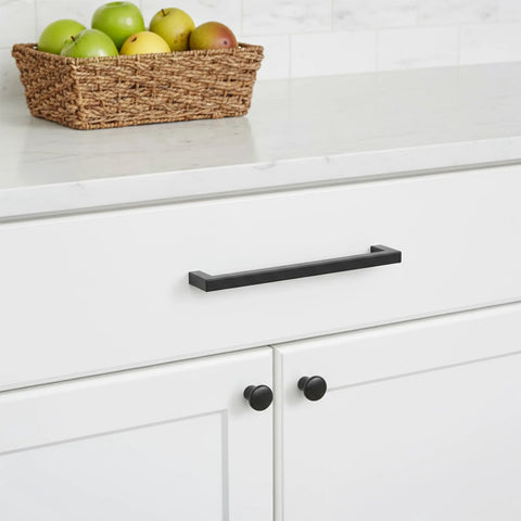 10 Pack Matte Black Cabinet Handles Stainless Steel Drawer Pulls For Kitchen Cabinets Bathroom Cupboards Dresser Wardrobe With 7 Inch Hole Centers installed on white cabinet