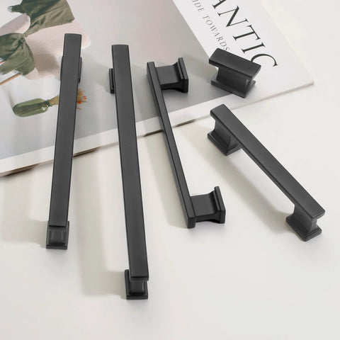 Matte Black Cabinet Handles 5 Inch 128mm Hole Centers Solid Zinc Alloy Drawer Pulls Pack Of 10 displayed on a table.