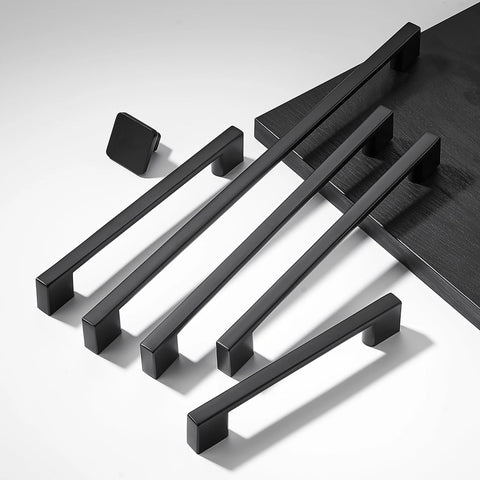 Five Pack Cabinet Handles 8.8 Inch 224mm Screw Spacing Matte Black Furniture Hardware Pulls for Kitchen and Bedroom Cabinets Solid Zinc Alloy Durable Easy to Install High Quality Hardware With 100 Day After Sales Guarantee, set of black handles on a white background and black board