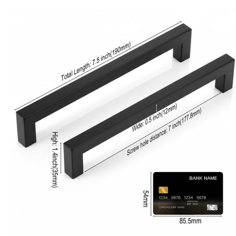 10 Pack Matte Black Cabinet Handles Stainless Steel Drawer Pulls For Kitchen Cabinets showing dimensions and matte finish