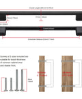 Diagram showing Five Pack Cabinet Handles 8.8 Inch 224mm Screw Spacing Matte Black Furniture Hardware Pulls dimensions and screws.