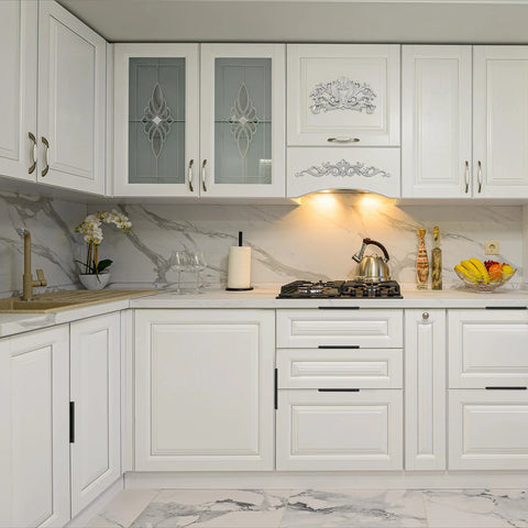 White kitchen with 30 Pack Matte Black Aluminum Cabinet Handles 5.9 Inch Flat Back Hidden Back Mount Finger Pulls visible on drawers.