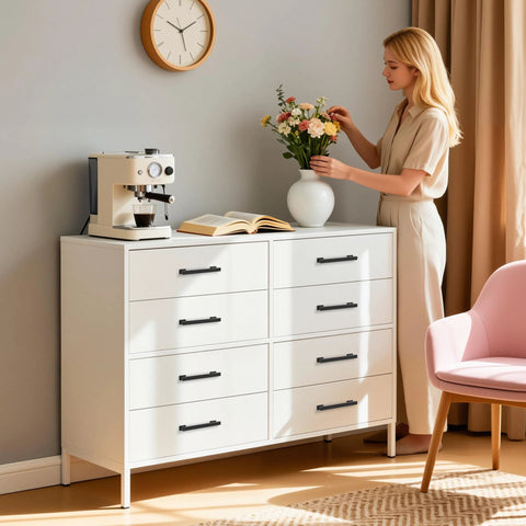 Woman arranging flowers on dresser with 3 Pack 5 Inch Center Hole Matte Black Kitchen Cabinet Handles Modern Cabinet Pulls installed