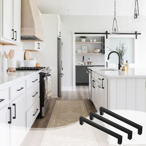 Modern kitchen with 10 Pack Matte Black Cabinet Handles Stainless Steel Drawer Pulls For Kitchen Cabinets