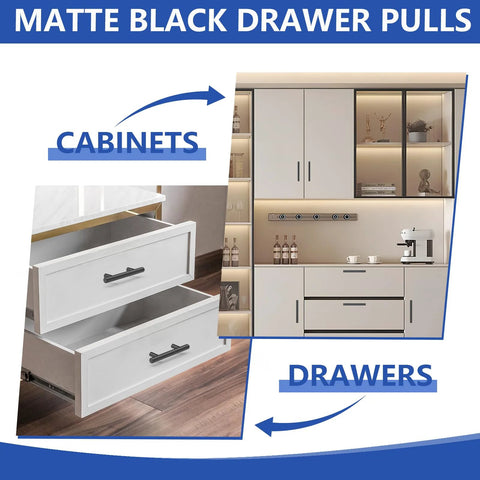 Matte Black Cabinet Handles 60 Pack With 3 Inch Hole Centers And 5 Inch Overall Length installed on kitchen cabinets and drawers