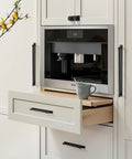 Kitchen cabinet with installed 10 Pack Classic Solid Cabinet Handles With Metal Base Plate 6.3 Inch Screw Spacing Matte Black Furniture Hardware.