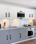 Kitchen cabinets with 12 Pack 5 Inch Matte Black Square Cabinet Handles With Base Plate Aluminum Drawer Pulls And Sliding Door Pulls For Cabinets And Furniture Includes 24 Screws And Easy Drill Punch Free Installation installed, featuring modern design.