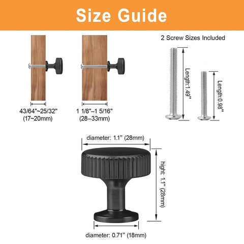 Size guide for 20-Pack Matte Black Cabinet Knobs For Kitchen Cabinets And Drawers, showing dimensions and screw sizes.