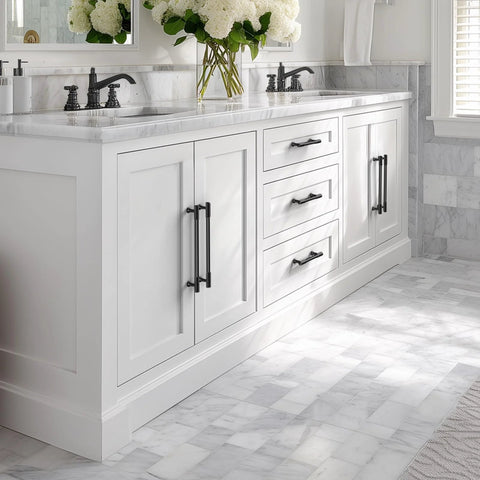 Bathroom cabinet with matte black hardware featuring 20-Pack Matte Black Cabinet Knobs For Kitchen Cabinets And Drawers, Dresser, Bathroom and Closet.