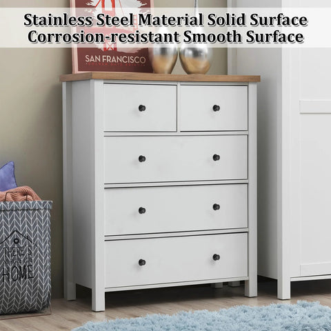 White dresser with 8 Pack Matte Black Self Adhesive Cabinet Knobs Set, installed for drawers, shown in a modern room setup.