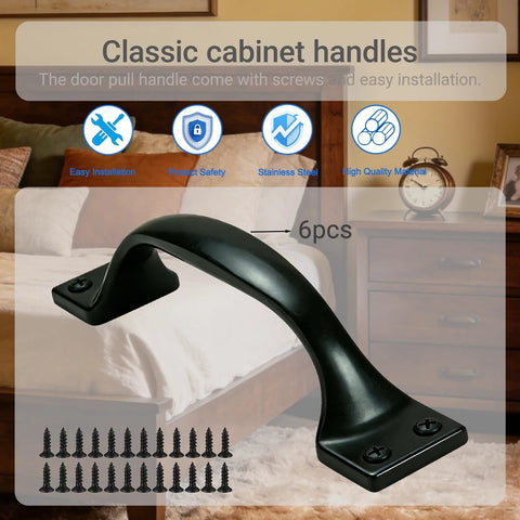Six Pack Five Point Six Inch Cabinet Pulls And Door Handles In Matte Black Stainless Steel Premium Hardware displayed on bedroom furniture