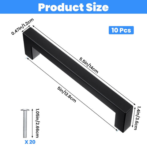 Matte Black Cabinet Pulls 5.5 Inch 140mm Stainless Steel Handles Set Of 10 dimensions with screws shown
