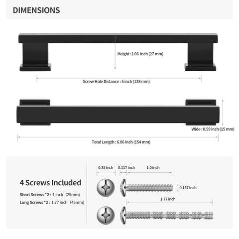 Dimensions for 3 Pack 5 Inch Center Hole Matte Black Kitchen Cabinet Handles Modern Cabinet Pulls For Dresser And Drawers