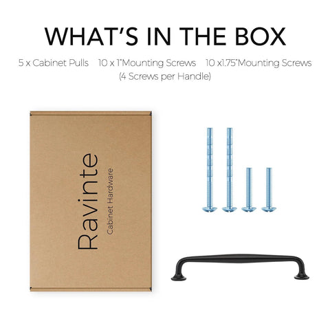 Five Pack Six And A Quarter Inch Matte Black Kitchen Cabinet Pulls Made From Solid Zinc Alloy with Mounting Screws in Packaging