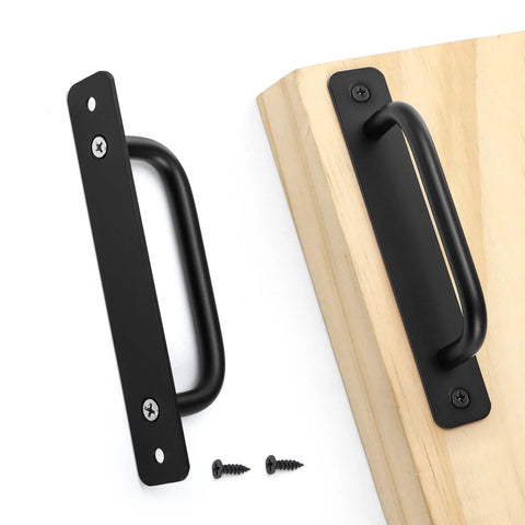 12 Pack Matte Black Aluminum Cabinet Pulls With Base Plate And Screws Five Point Eight Inch Length shown with installation on wood