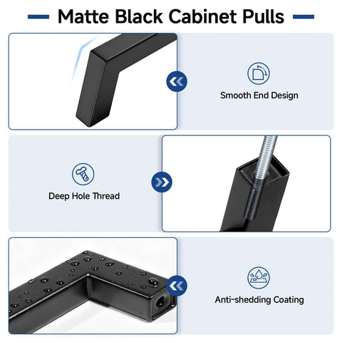 Features of Ten Pack 5 Inch Matte Black Cabinet Handles Square Flat Modern Pulls including smooth end design, deep hole thread, and anti-shedding coating.