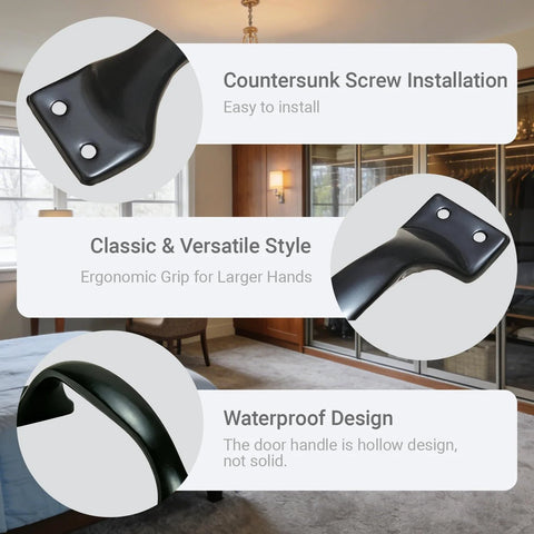 Three views of Six Pack Five Point Six Inch Cabinet Pulls And Door Handles In Matte Black Stainless Steel Premium Hardware.