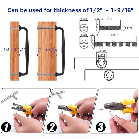 Five Pack Six And A Quarter Inch Matte Black Kitchen Cabinet Pulls installation steps and dimensions illustration.