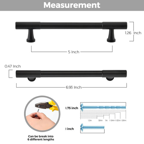 Diagram of 12 Pack Matte Black Cabinet Pulls 5 Inch Center To Center Handles with measurements and screw length details.