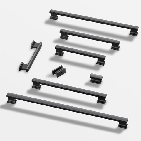 3 Pack 5 Inch Center Hole Matte Black Kitchen Cabinet Handles Modern Cabinet Pulls arranged on white background