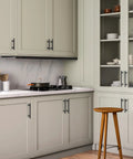 Modern kitchen with gray cabinets featuring 12 Pack Matte Black Cabinet Pulls 5 Inch Center To Center Handles For Cabinets And Dressers.
